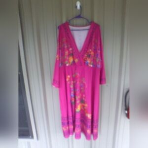 Women's Hot Pink Floral Maxi Dress Open Sleeves Plus Size 4XL Hawaiian Boho